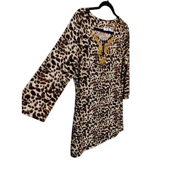 Cato Top Women Large Brown Cheetah Print Stretch Knit Tunic Beaded 3/4 Sleeve - Picture 4 of 7